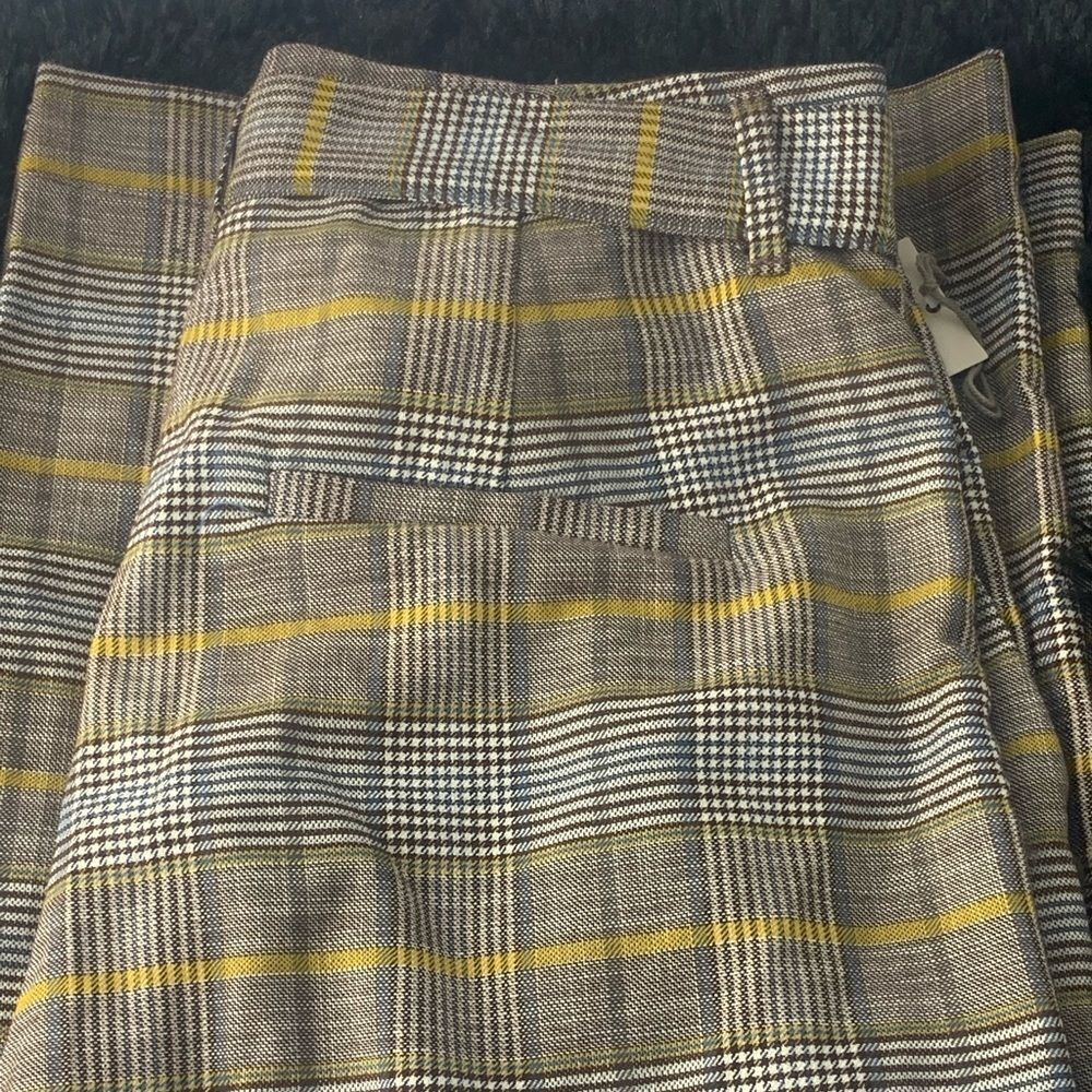Womens High-Rise Plaid Belted Wide Leg Pants -